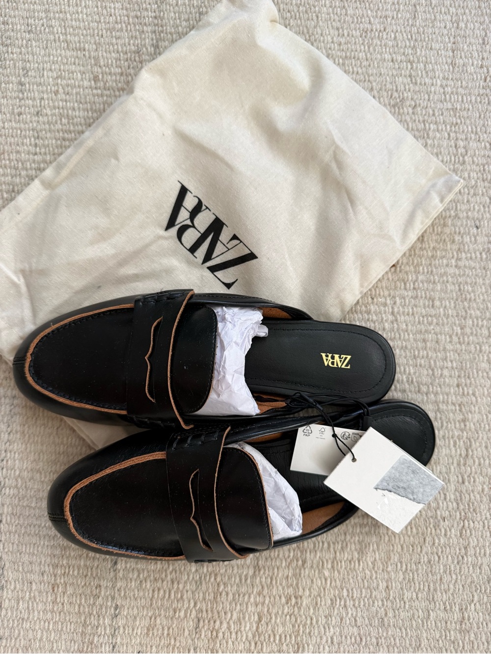 Zara Black Leather Loafer-Style Slip-On Mules with Tan Trim
